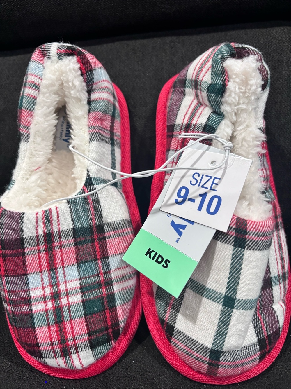 Kids Plaid Fleece Lined Slippers in Red, Green & White